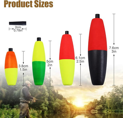 Bicolor Peg Floats, 1.5'' 2'' 2.5'' 3'' Cigar Fishing Cork Bobber Foam Floats with Pipe Plug for Catfish Santee Rigs 35 Pack