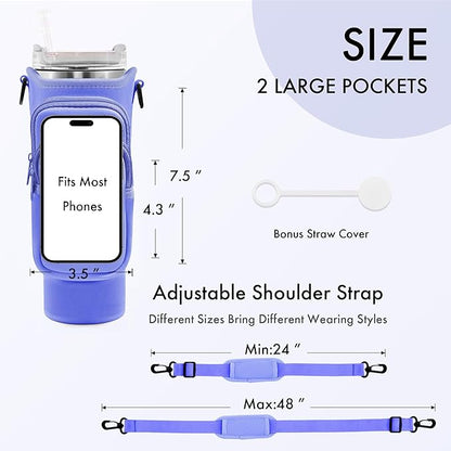 Water Bottle Carrier Bag with Phone Pocket for Stanley Cup 40/30 oz, Water Bottle Holder with Adjustable Strap& Straw Cover, Stanley Cup Accessories