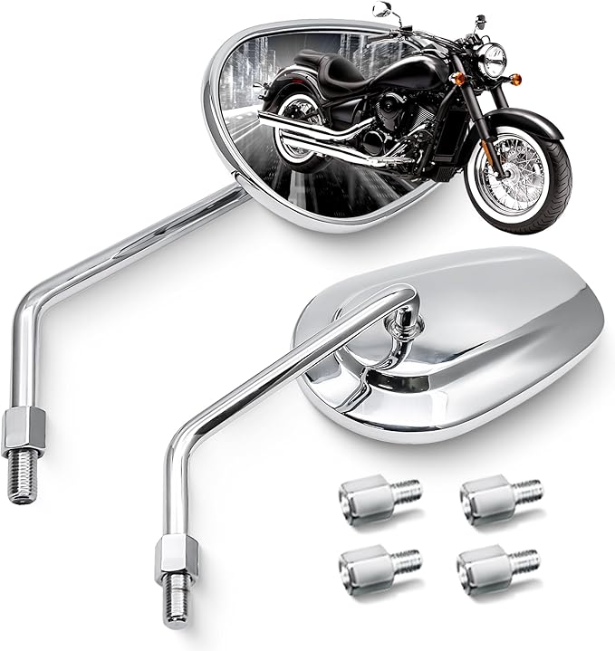 MZS Chrome Motorcycle Mirrors 10mm, Universal Motorbike Rear View Side Mirror Aluminium Compatible with Touring Cruiser Chopper Street Naked Bike Shadow Fury Vulcan Boulevard Road Royal Star VStar