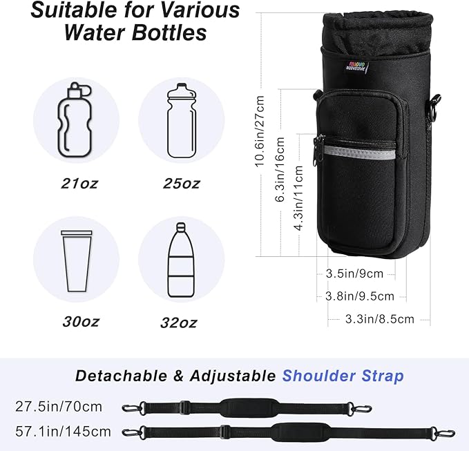 Nuovoware Water Bottle Carrier Bag,25oz/40oz/64oz Bottle Pouch Holder,Adjustable Shoulder Hand Strap 2 Pocket Sling Neoprene Sleeve Sports Accessories for Hiking Travelling Camping