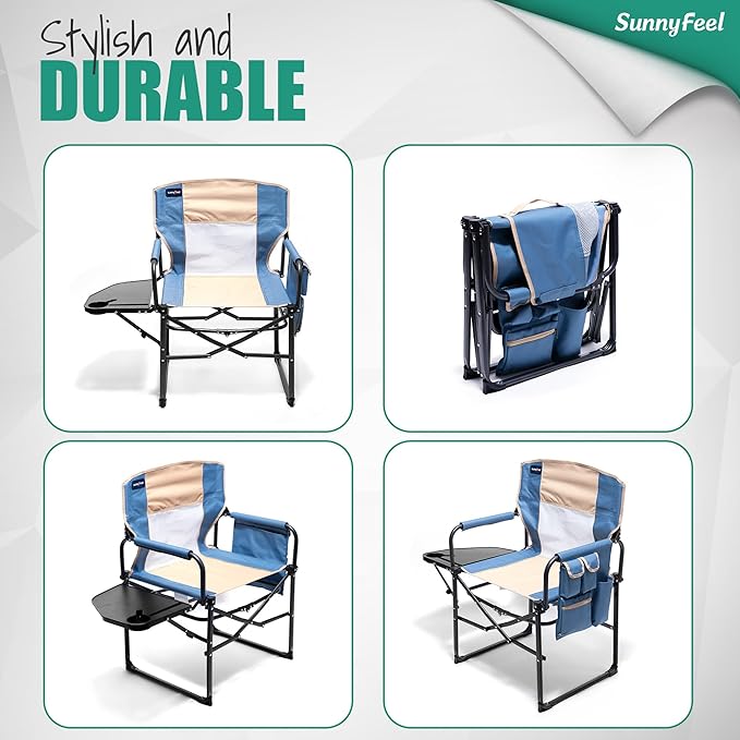 SUNNYFEEL Oversized Camping Directors Chair, Portable Folding Lawn Chairs for Adults Heavy Duty with Side Table,Pocket for Beach, Fishing,Picnic,Concert,Tailgating, Outdoor Foldable Camp Chair
