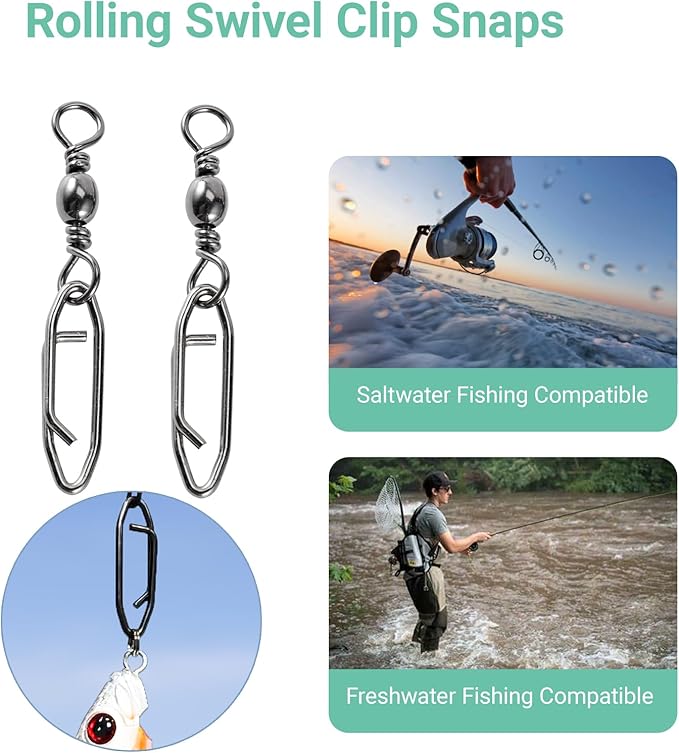 Atibin Saltwater Freshwater Snap Swivels Stainless Heavy Steel Fishing Clips Swivel Barrel Clip Fishing Snaps Rolling Speed Change Black Nickel