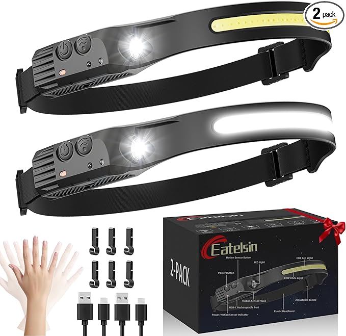 Rechargeable Headlamp 2PCS, Motion Sensor 230° Head Lamp, Hard Hat Light for Adults, Headlight for Forehead, LED Headband Flashlight for Work, Running, Camping Essentials Gear