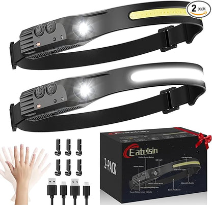 Rechargeable Headlamp 2PCS, Motion Sensor 230° Head Lamp, Hard Hat Light for Adults, Headlight for Forehead, LED Headband Flashlight for Work, Running, Camping Essentials Gear