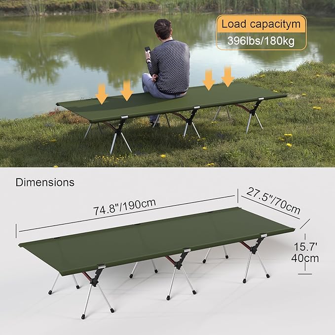 Camping Cot with Leg Extenders,Lightweight Portable Bed for Camping, Hiking, Travel, Beach, Home, Office Nap, Supports 330lbs, Easy Storage, Durable Design, Green