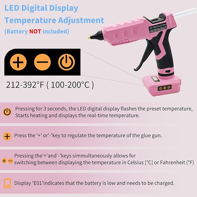 100W Cordless Hot Glue Gun for Dewalt 20V MAX Battery with 20PCS Full Size Glue Sticks, Digital Temperature Adjustable High Temp Glue Gun for Arts Crafts DIY Home Repair(Tools only)