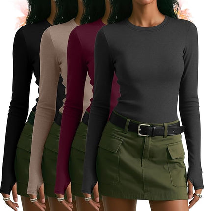Neer 4 Pack Women's Fleece Thermal Long Sleeve Shirts, Thumb Holes Crew Neck Slim Fit Tops Warm Workout Basic Undershirt
