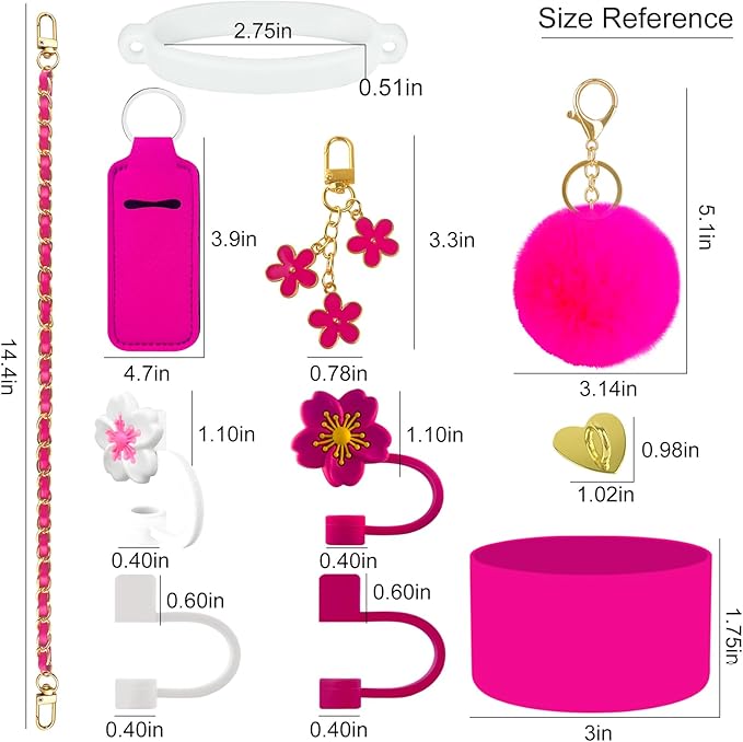 Velaco 11 PCS Accessories for Stanley Cup, Water Bottle Handle Strap for Stanley 30/40 oz tumbler with handle, including Straw Toppers, Silicone Cup Boot, Keychain Charms - ROSE