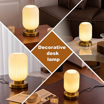 Modern Ribbed Glass Table Lamps Mid Century Bedside Light Small Nightstand Lamp with Plug-in Style, E26 Ambient Lighting for Bedroom Living Room Tabletop, Milky White