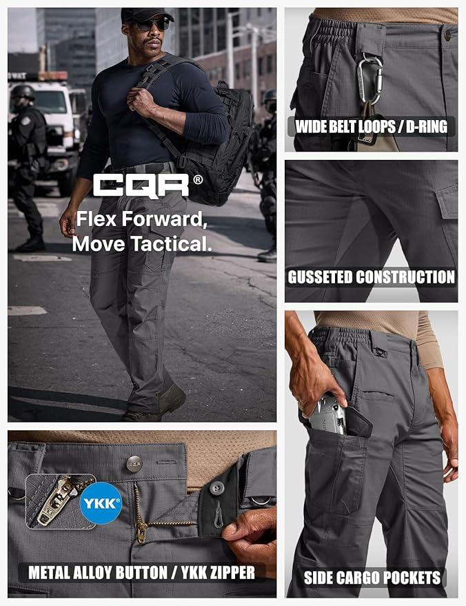 CQR Men's Flex Stretch Tactical Pants, Water Resistant Ripstop Cargo Pants, Lightweight EDC Outdoor Work Hiking Pants