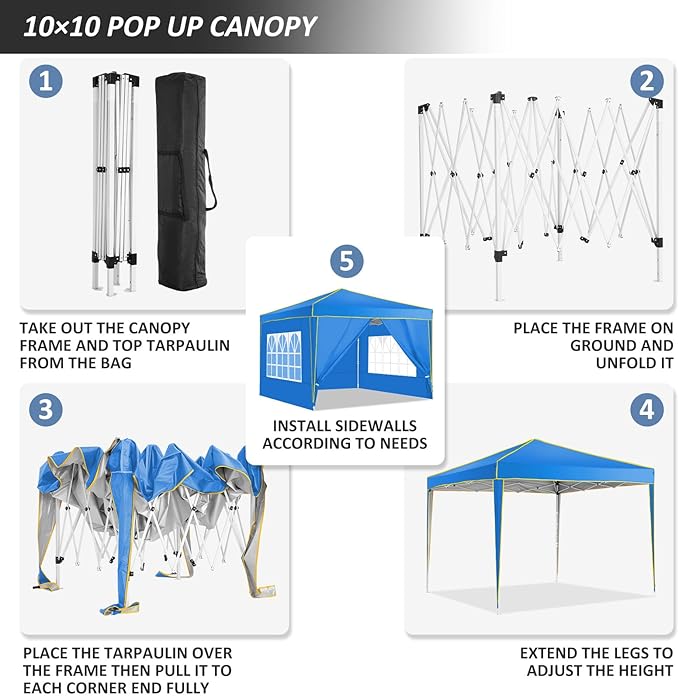 COBIZI 10x10 Pop up Canopy, Canopy Tent 10x10 Gazebos, Ez up for Parties Beach Camping Party Event Shelter Sun Shade with 4 Sidewalls & Carry Bag 4 Stakes & Ropes & Sandbags, Blue
