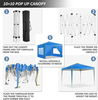 COBIZI 10x10 Pop up Canopy, Canopy Tent 10x10 Gazebos, Ez up for Parties Beach Camping Party Event Shelter Sun Shade with 4 Sidewalls & Carry Bag 4 Stakes & Ropes & Sandbags, Blue