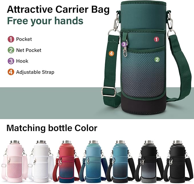 Insulated Water Bottle | Thickened Stainless Steel Vacuum Metal | Portable Sports Water Jug for Gym and Hiking with Straw, Carrier Bag, Handle Strap | BPA-Free 40 oz