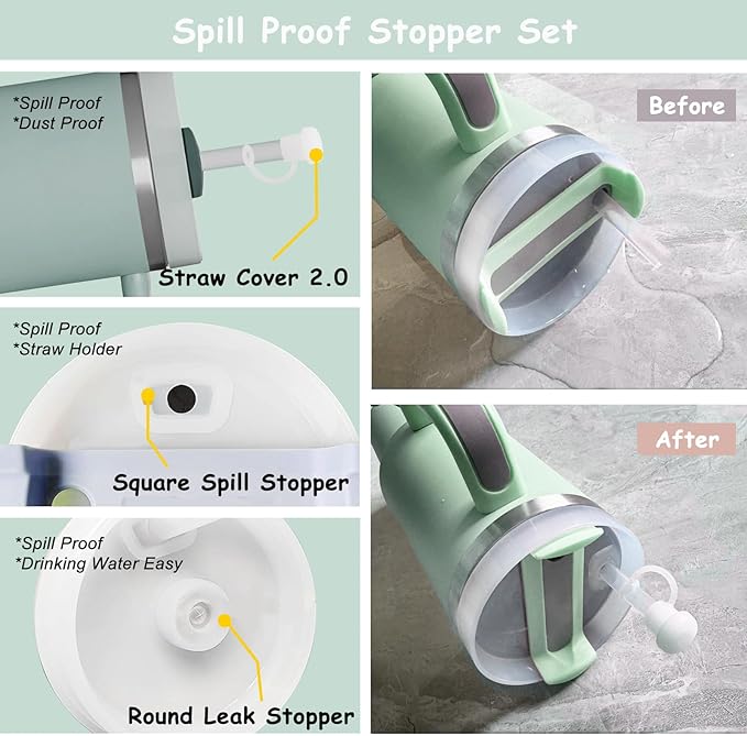 Stanley Cup Accessories Set,Including 2 Pcs 0.4in Straw Cover, 1 Silicone Spill-Proof Stopper, 1 Cute Handle Charm, 1 Silicone Boot Fits Stanley 40&30 Oz Tumbler (Eucalyptus Green)