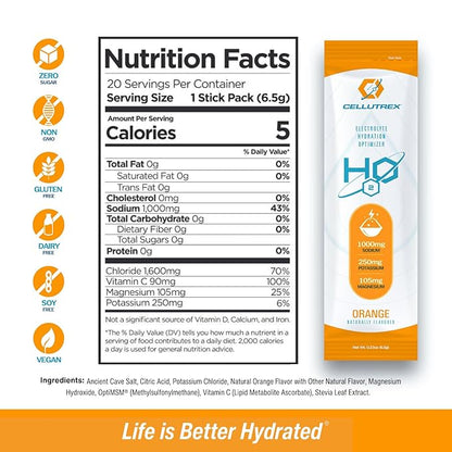 Cellutrex® H2O Electrolytes – Electrolyte Powder Drink Mix, Zero Sugar, Natural Salt Hydration Packets for Recovery and Wellness, Orange, 20 Sticks