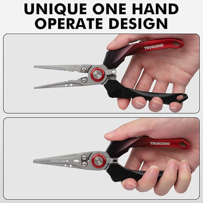 TRUSCEND Lockable Handy Fishing Pliers with Innovative Ergonomic Handle, Saltwater Corrosion Resistant Teflon Coated Fishing Tool, Multi-Function Fishing Gear with Mo-V Cutter, Amazing Fishing Gift