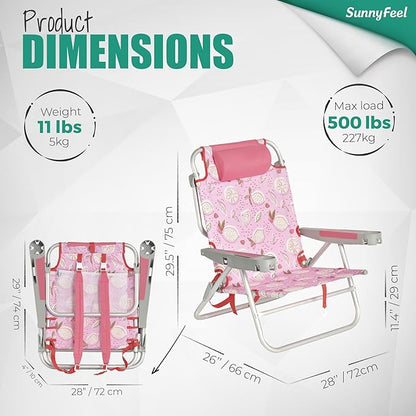 SUNNYFEEL Extra Wide Low Beach Chair 2 Pack 5 Position Lay, XL Oversized Portable Folding Camping Chairs with Cup Holder for Outdoor/Sand, Foldable Backpack Beach Chair for Adults Heavy Duty 500 LBS