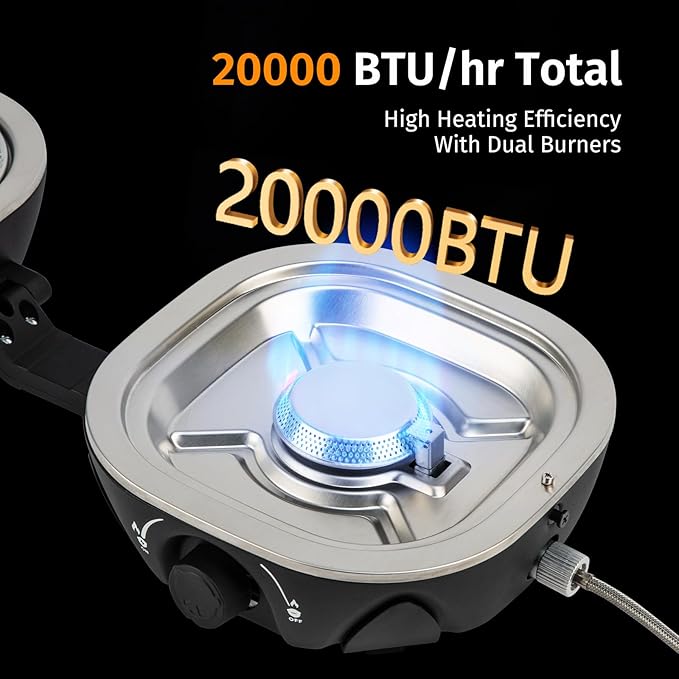 Propane Camping Stove 20,000 BTU - Portable 2 Burner Gas Stove with Adjustable Flame Control, Piezo Ignition, Carry Bag & Propane Adapter Hose, Folding Design for Camp, BBQ, Tailgating, Black