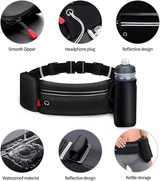 Hydration Running Belt for Women Men Running Fanny Pack with Foldable Water Bottle Holder (Bottles NOT Included) for Walking No Bounce Adjustable Waist Pouch for Runners Jogging
