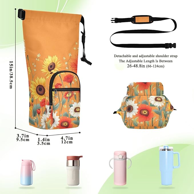 Cartoon Orange Sunflowers and Poppy Flowers Water Bottle Holder with Strap Insulated Water Bottle Carrier Crossbody Bags Pouch with Phone Pocket for Travel Gym Hiking Walking Running