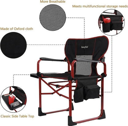 SUNNYFEEL Camping Directors Chair Set of 2 Aluminum Oversized Portable Folding Chair with Side Pocket and Adjustable Side Table for Beach, Fishing, Trip, Picnic, Lawn, Outdoor Foldable Camp Chairs