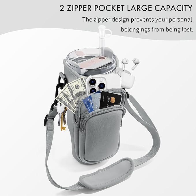 Water Bottle Carrier Bag with Phone Pocket for Stanley Cup 40/30 oz, Water Bottle Holder with Adjustable Strap& Straw Cover, Stanley Cup Accessories