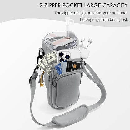 Water Bottle Carrier Bag with Phone Pocket for Stanley Cup 40/30 oz, Water Bottle Holder with Adjustable Strap& Straw Cover, Stanley Cup Accessories
