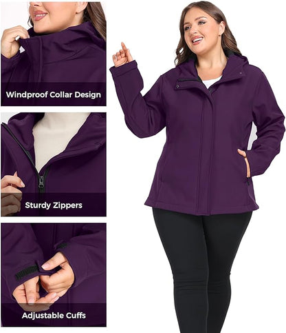 wantdo Women's Plus Size Softshell Jackets Hooded Warm Fleece Lined Windbreaker