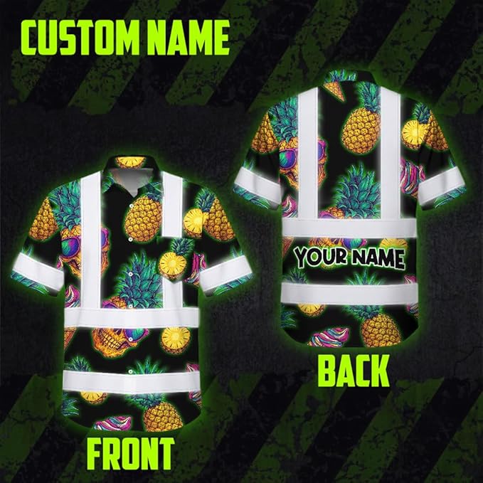 High Visibility Hawaiian Shirt for Men Tropical Shirts Custom Name Floral Outfit Reflective Safety Workwear