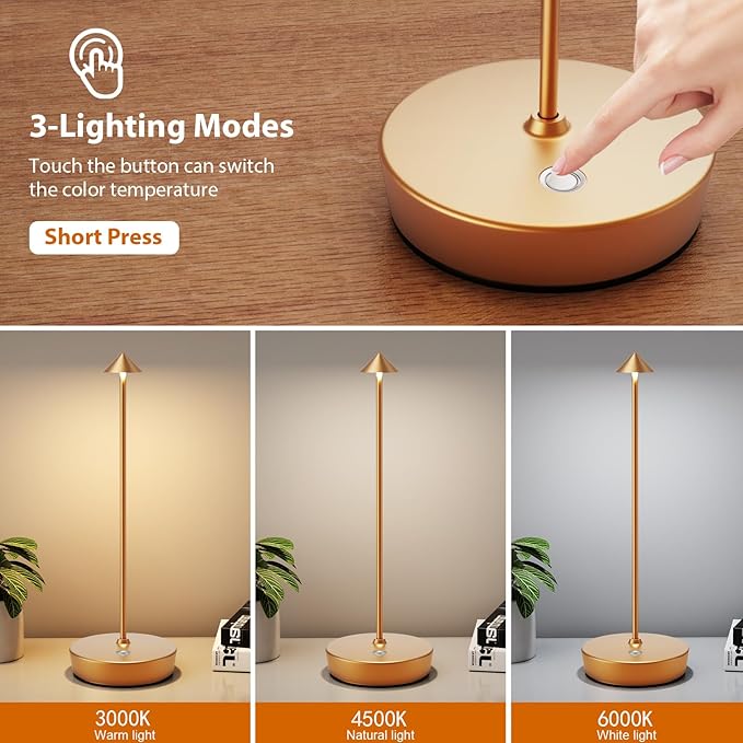2Pack Rechargeable Cordless Table Lamp, Portable Powered LED Battery 6000mAh Metal USB Desk Lamp, 3 Levels Brightness Light for Restaurants Outdoor (2pack Gold)