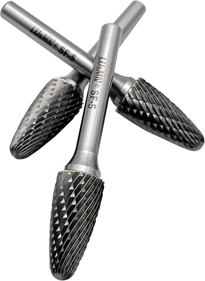 LU&MN SF-5 Tungsten Carbide Burr Tree Shape Radius End Double Cut Rotary Burr File (1/2” Cutter Dia X 1”Cutter Length) with 1/4'' Shank, 3PCS