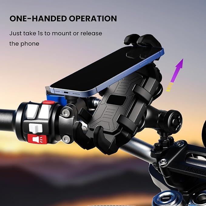 Motorcycle Phone Mount Holder with Vibration Dampener Anti-Shake 720° Adjustable for iPhone 16 Pro Max for Samsung 5.4''-6.9'' Phone Anti-Theft Dirt Bikes(U Shape Base 0.6-1.1" Handlebar)