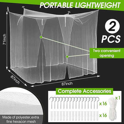 Tranqun 2 Pcs Mosquito Netting for Patio, Ultra Large Mosquito Net l 87 x W 87 x H 71 Inch for Bed with 2 Side Openings 16 Hanging Loops for Camping Home Outdoor Travel Dormitory Decor(White)