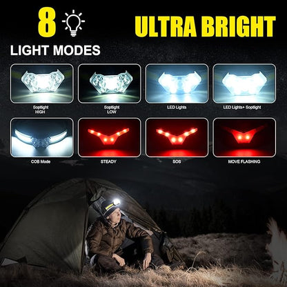 EXIN DECHEN LED Headlamp Rechargeable, 1200 Lumen Super Bright Headlamp Flashlight, 270° Wide Beam LED Headlamps with Red Taillight, 8 Mode Lightweight Waterproof Head Lamp