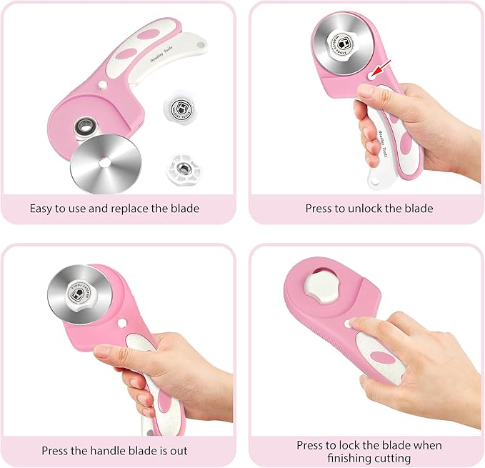 Headley Tools Rotary Cutter 60mm Upgraded with Bearing Design for Smoother and deeper cutting, Ergonomic Handle Rolling Cutter with Safety Lock for Fabric, Fabric, Leather, Crafting, Sewing, Pink