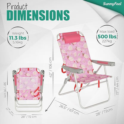 SUNNYFEEL Oversized Tall Folding Beach Chair Lightweight, 17" Portable Sand Chair for Adults Heavy Duty 500 LBS with Cup Holders, Foldable High Camping Lawn Chairs for Camp/Outdoor/Picnic/Sports