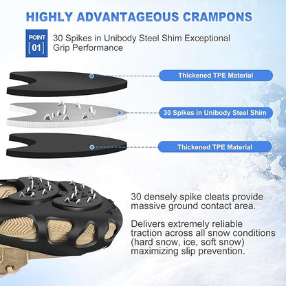 Ice Cleats for Shoes and Boots with 30 Spikes Anti Slip Snow Crampons