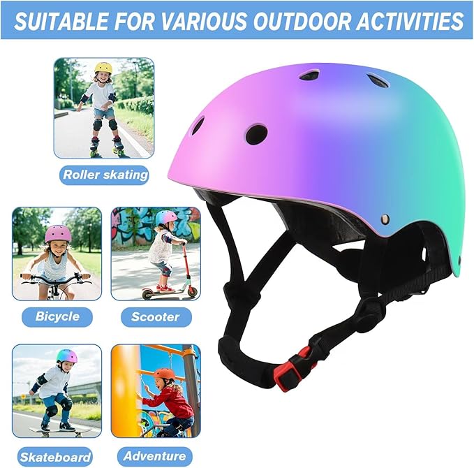 Color Gradient Adjustable Kids Bike Helmet with Knee & Elbow Pads Set | Multi-Sport Safety Gear for Boys & Girls Ages 5-14 | Skateboarding, Scooters, Roller & Inline Skating, Longboarding