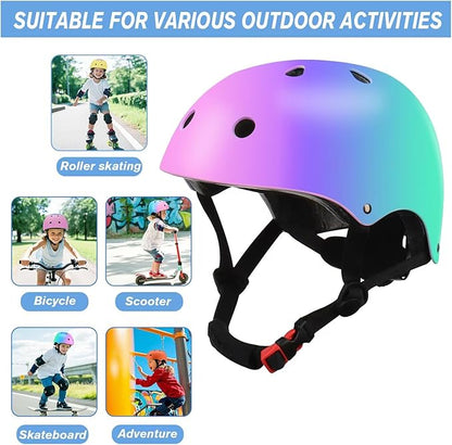 Color Gradient Adjustable Kids Bike Helmet with Knee & Elbow Pads Set | Multi-Sport Safety Gear for Boys & Girls Ages 5-14 | Skateboarding, Scooters, Roller & Inline Skating, Longboarding