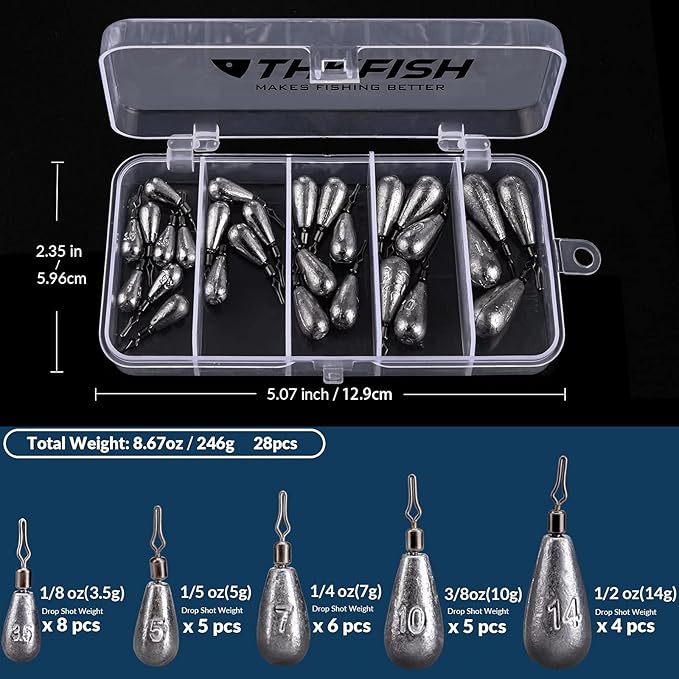 THKFISH Fishing Weights Sinkers Set, 60PCS Fishing Sinker Drop Shot Weights Kit,Drop Shot Rig Wacky Hooks for Saltwater Freshwater Bass Fishing