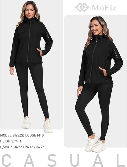 MoFiz Women's Fleece Lined Softshell Jacket Hooded Windproof Lightweight Insulated Jacket Full Zip Warm Coat