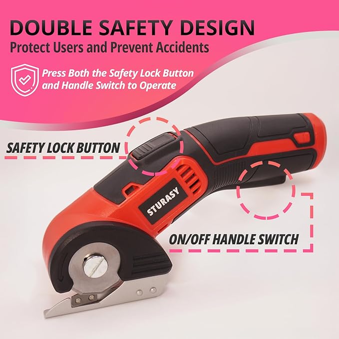 Cardboard Cutter with Safety Lock, Red Cordless Electric Scissors Two Blades, Rechargeable 4V 2000mAh Electric Rotary Cutter for Cardboard, Fabric, Carpet, Leather, Paper, Plastic, Packages