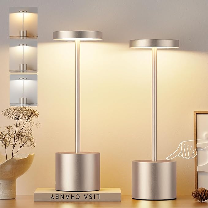Kakanuo Cordless Table Lamp, 4000mAh Rechargeable Battery Powered Lamps, 3 Color Stepless Dimming, Wireless Outdoor Lamps for Dining Room, Bedroom, Patio, Camping, Set of 2- Antique White