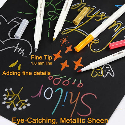 Sunshilor Metallic Markers Fine Point Metallic Marker Pens for Black Paper, Rock Painting, Easter Egg, Halloween Pumpkin, Card Making, Metal, Ceramic, Wine Glass, Set of 12