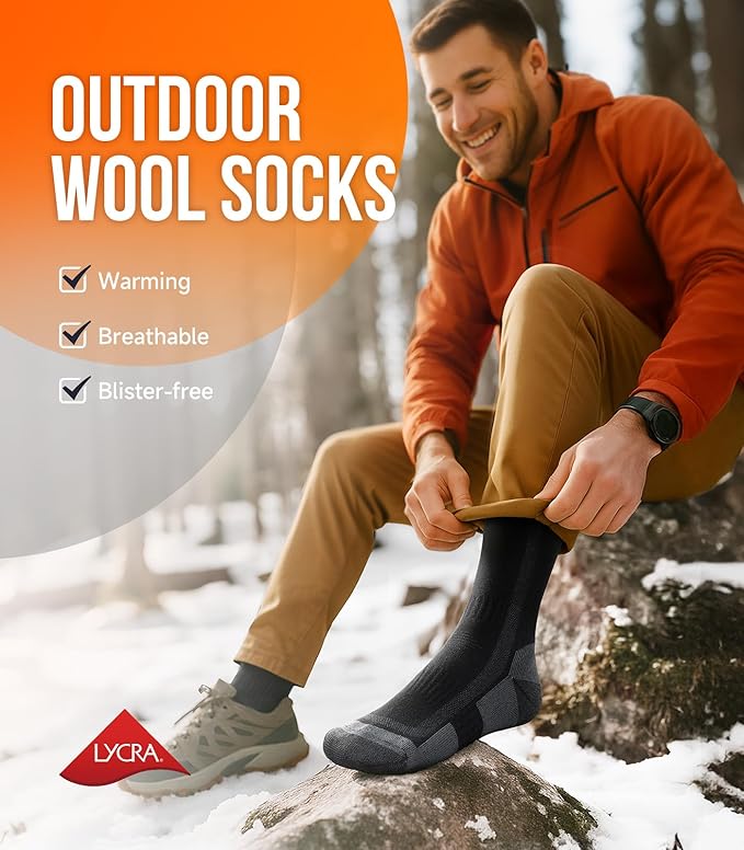 PULIOU Merino Wool Hiking Socks for Men & Women, 3 Pairs Cushioned Moisture Wicking Crew Boot Socks for Work & Outdoors