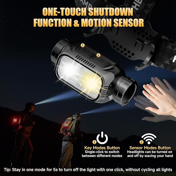 Rechargeable LED Headlamp 3 Pack, High Lumen Super Bright Head Lamp with Red Light, Motion Sensor, 5 Modes, 90° Adjustable, Waterproof Lightweight Headlamps for Adult Running, Camping, Hiking