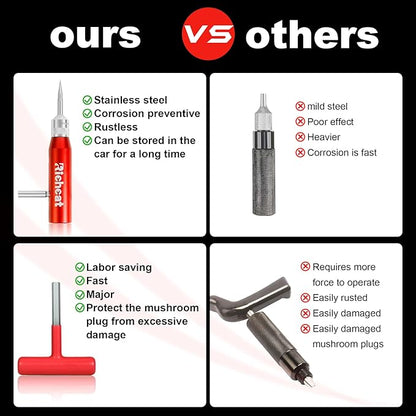 Richcat Tubeless Tire Puncture Repair Kit with Mushroom Plug, Repairs punctures and Flat Tires for Motorcycles, Cars, Trucks, ATVs and Tractors