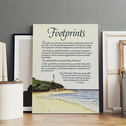 Footprints in the Sand Religious Canvas Wall Art Posters, Inspirational Beach Sunset Poem Print Poster (Framed 12x18inch, Footprints(5))