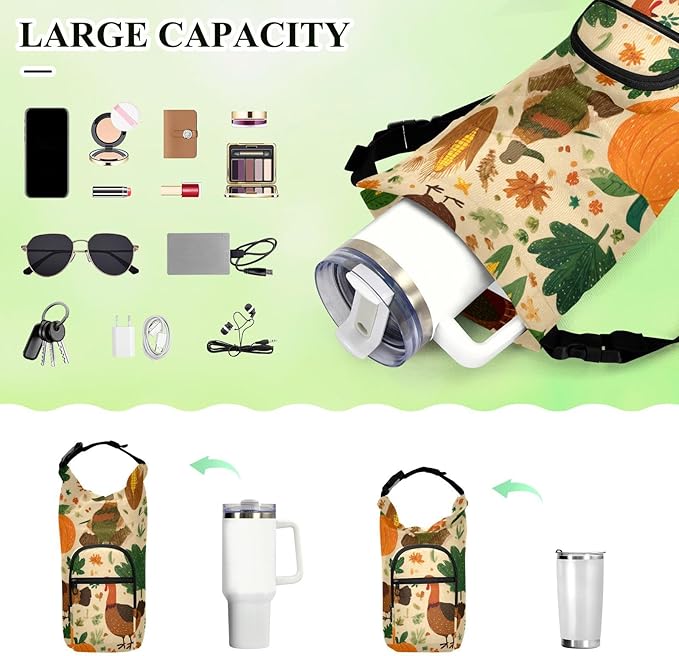 Beige Thanksgiving Turkeys Pumpkins Corn Leaves Water Bottle Holder with Strap Insulated Water Bottle Carrier Crossbody Bags Pouch with Phone Pocket for Travel Gym Hiking Walking Running