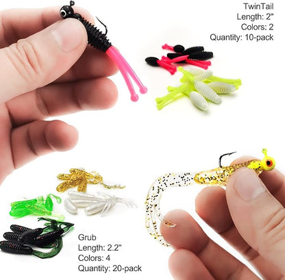 Crappie Lures Tube Lures Jigs Heads Worms Swimbaits Kit, 165, 124, 50 Pcs Pre-Rigged Crappie Jigs Tube Hooks Soft Plastic Grub Worms Baits for Bass Trout Freshwater Saltwater Fishing